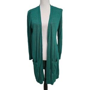 Halogen Long Knit Open Front Cardigan‎ Sweater Green Women’s Size S Petite